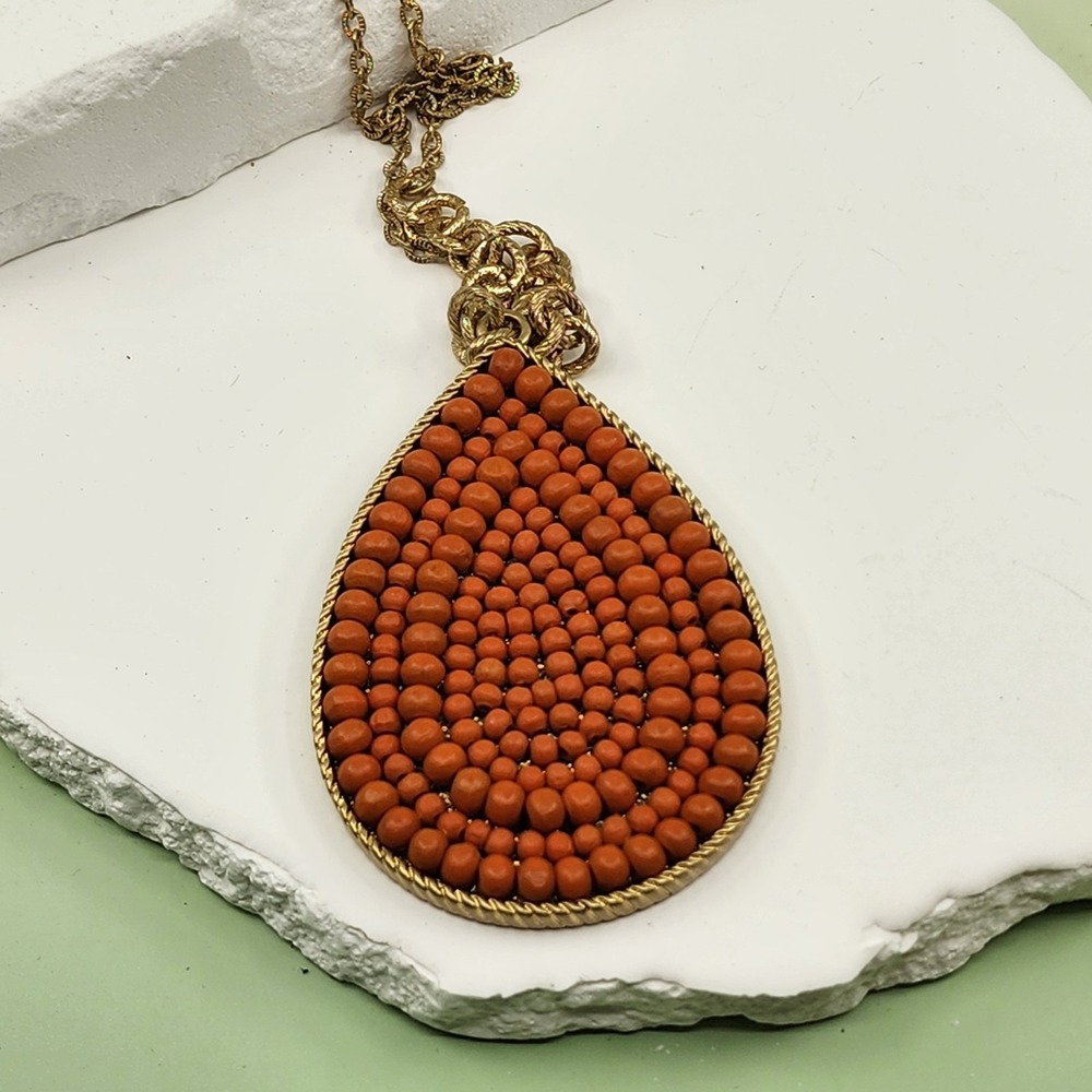 Plunder Gold Tone Orange Beaded Teardrop Pendant Long Boho Statement Necklace